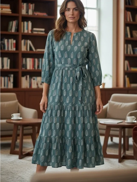 Lucky Brand Blue White Floral Tiered A-Line Dress 3/4 Sleeve S - Picture 1 of 9